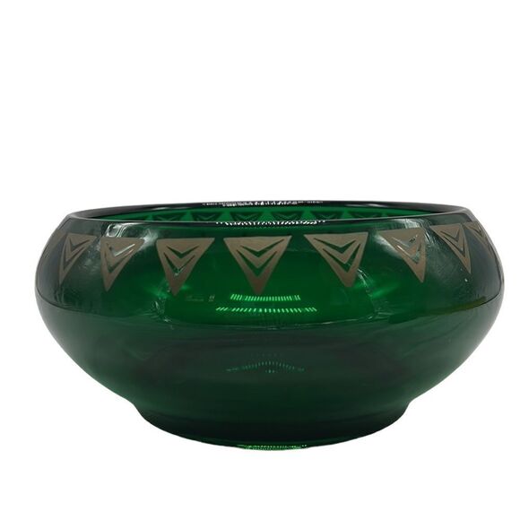 Dalzell Viking Bowl Vintage Green Glass Gold Triangles Hollywood Regency Heavy - Picture 6 of 12
